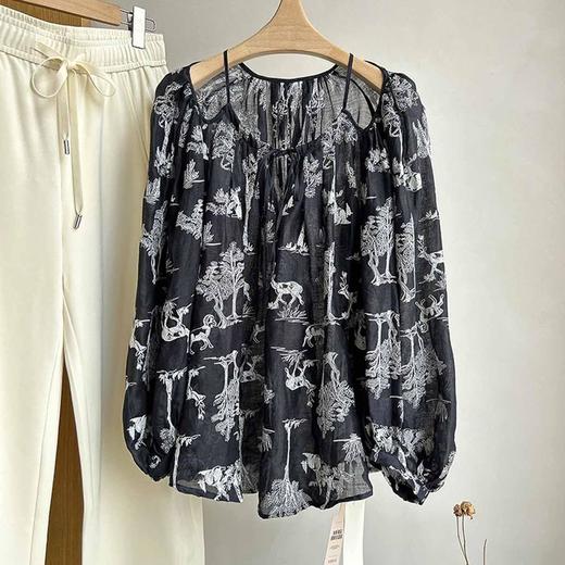 顺丰包邮洛诗琳40058春夏新款宽松显瘦苎麻印花衬衫女0052 商品图4