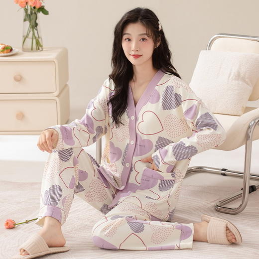 春秋季【开衫睡衣带胸垫】长袖长裤免穿文胸 优质棉家居服 V领和服睡衣  商品图14
