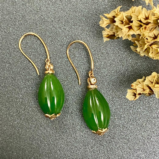18K玫瑰金和田玉（碧玉）耳饰--青橄榄/橄榄8*14.5mm/总长34mm 商品图0