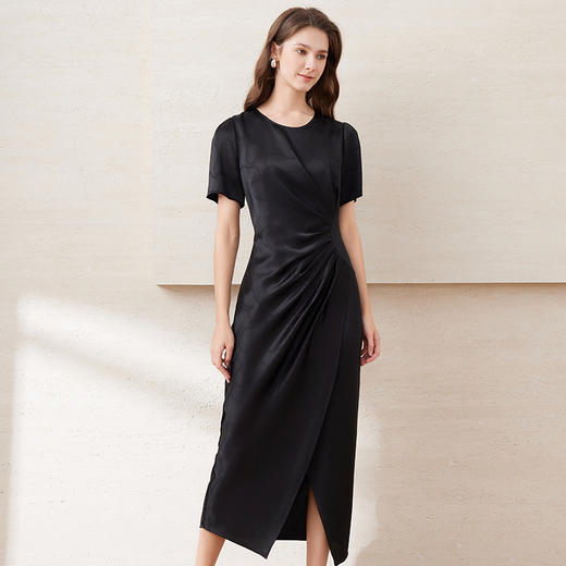 EITIE爱特爱夏季新品纯色百搭洋气褶皱收腰连衣裙7707437 商品图5