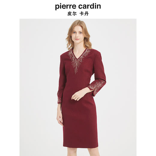 皮尔卡丹女装秋季新款轻奢端庄优雅毛呢连衣裙P1422E1984T0 商品图3
