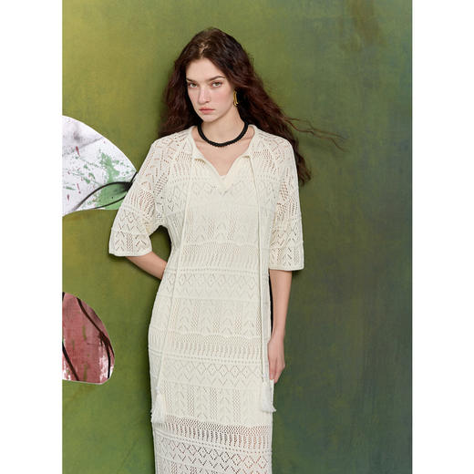 三彩2025春季新款镂空针织裙流苏连衣裙直筒裙长裙度假风S 商品图1