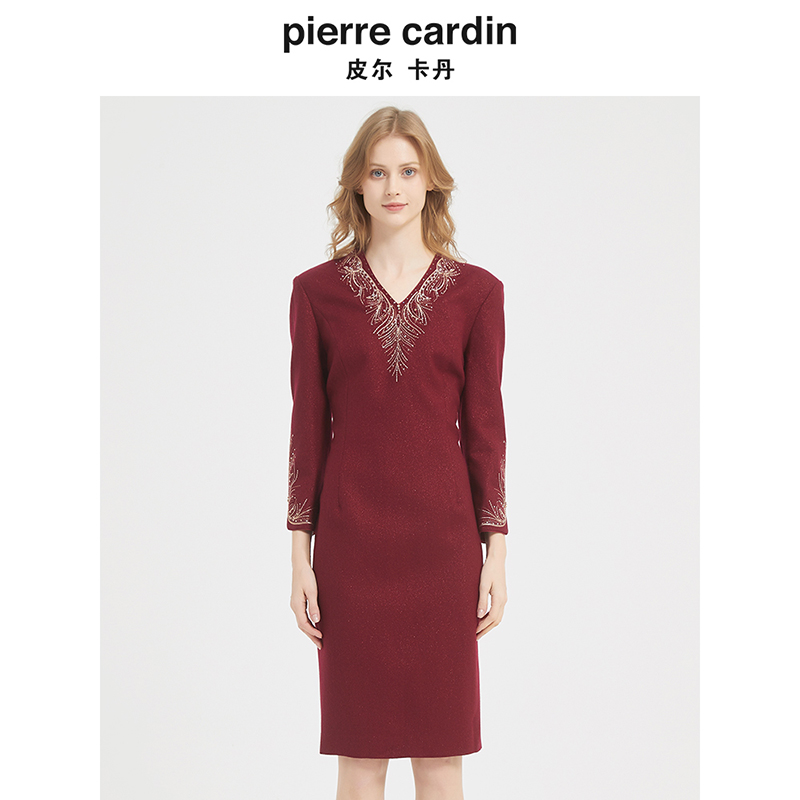 皮尔卡丹女装秋季新款轻奢端庄优雅毛呢连衣裙P1422E1984T0