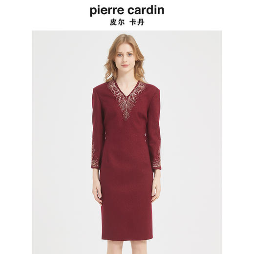 皮尔卡丹女装秋季新款轻奢端庄优雅毛呢连衣裙P1422E1984T0 商品图0
