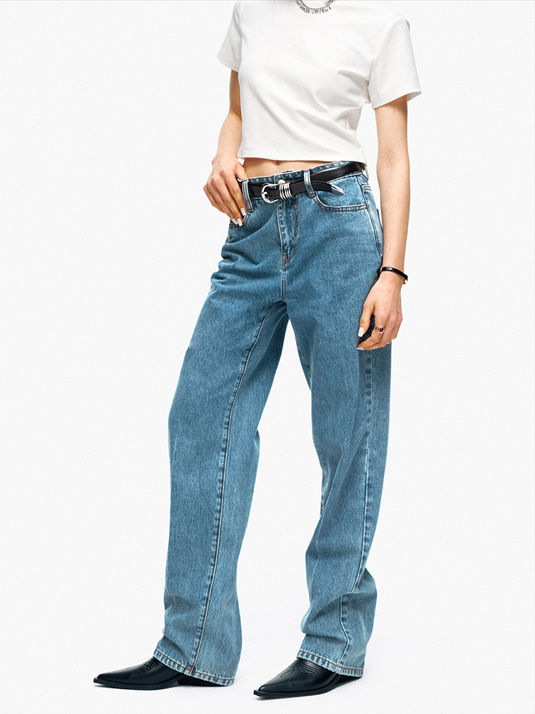 TR她热 丹宁时代 蓝色复古水洗设计感廓形衬衫中腰直筒牛仔裤套装