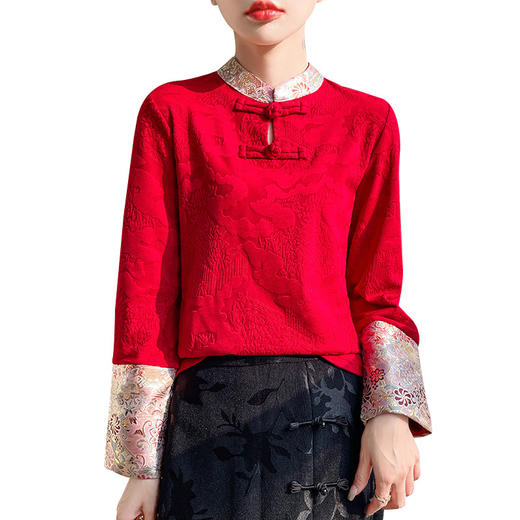 新中式红色盘扣立领衬衫女春秋设计感显瘦拼 接长袖上衣女💕 商品图4