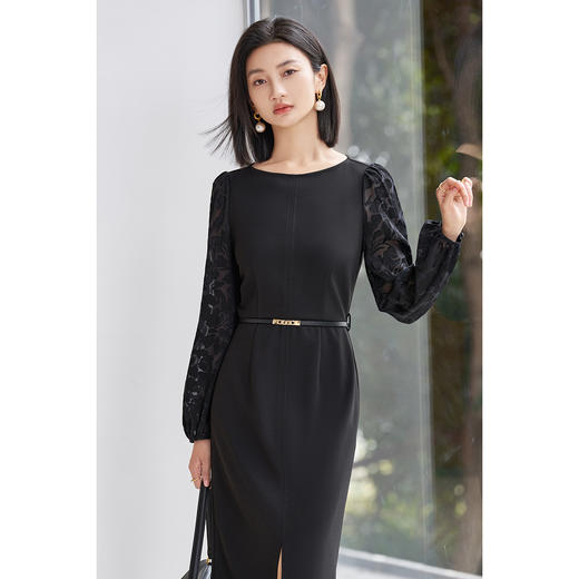 剩S/M 米思阳2026春季新款高级感优雅小黑裙拼接提花袖子连衣裙女5540 商品图1