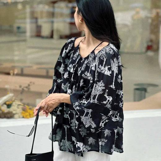 顺丰包邮洛诗琳40058春夏新款宽松显瘦苎麻印花衬衫女0052 商品图0