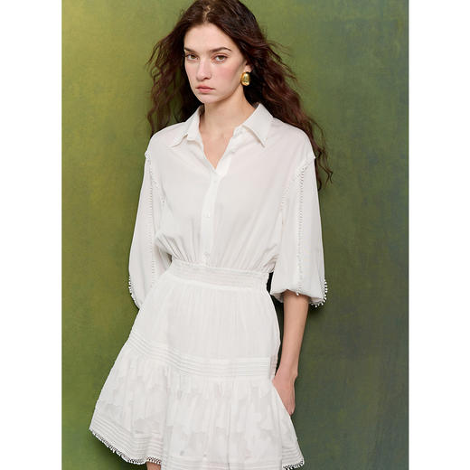 【莱赛+亚麻】尔三彩2025春季新款连衣裙翻领收腰A字裙提花短裙九分袖S 商品图2