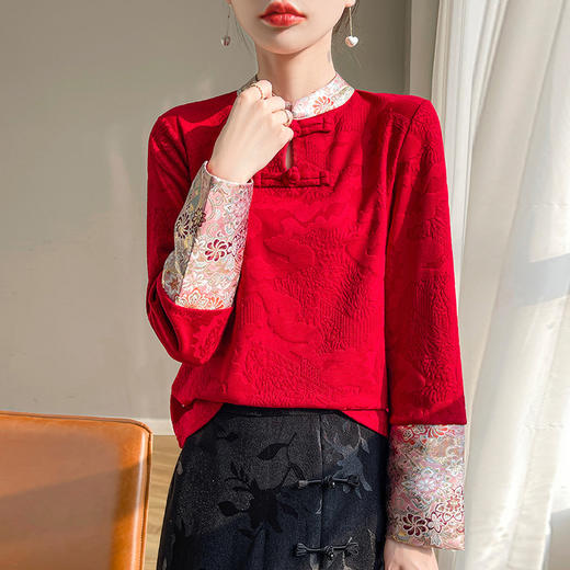 新中式红色盘扣立领衬衫女春秋设计感显瘦拼 接长袖上衣女💕 商品图1