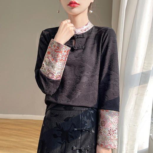 新中式红色盘扣立领衬衫女春秋设计感显瘦拼 接长袖上衣女💕 商品图3