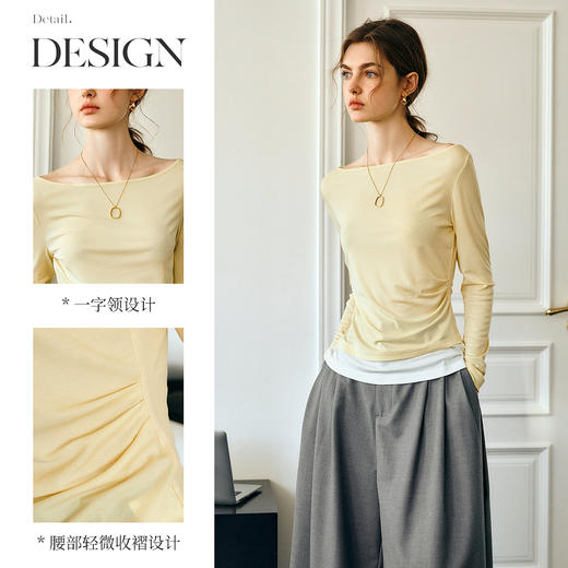 OLrain欧芮儿黄色法式T恤女春季2025新款假两件一字领温柔风上衣 商品图1