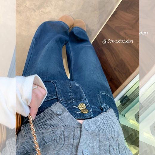 <曾小咸推荐>显瘦深蓝色加绒阔腿牛仔裤 商品图7