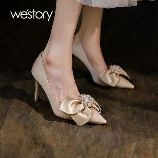 westory22年秋季商场同款新款尖头蝴蝶结细跟中式婚鞋单鞋女72391 商品图4