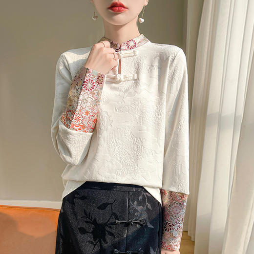 新中式红色盘扣立领衬衫女春秋设计感显瘦拼 接长袖上衣女💕 商品图0