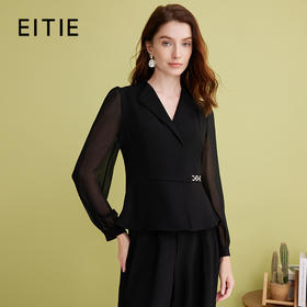 EITIE爱特爱气质正式感V领收腰网纱拼接显瘦黑色上衣2025春新款A2513519