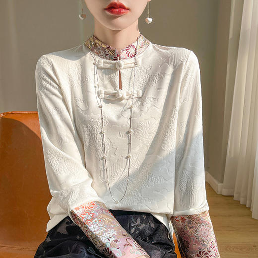 新中式红色盘扣立领衬衫女春秋设计感显瘦拼 接长袖上衣女💕 商品图2