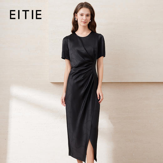EITIE爱特爱夏季新品纯色百搭洋气褶皱收腰连衣裙7707437 商品图0