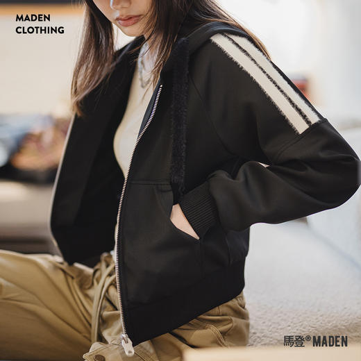 马登空气层hoodie开衫外套条纹毛绒拼接卫衣春季运动通勤上衣女 商品图0