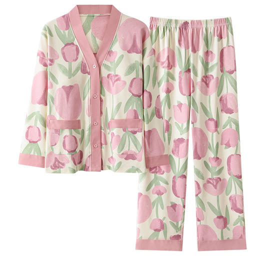 春秋季【开衫睡衣带胸垫】长袖长裤免穿文胸 优质棉家居服 V领和服睡衣  商品图4