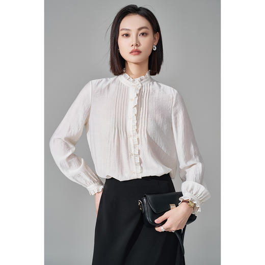 米思阳2026春季法式优雅醋酸天丝木耳边直筒单排扣白衬衫女5355 商品图2