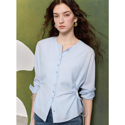 三彩2025春季新款醋酸衬衫圆领长袖法式收腰小衫上衣显瘦S 商品图2