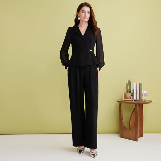 EITIE爱特爱气质正式感V领收腰网纱拼接显瘦黑色上衣2025春新款A2513519 商品图1