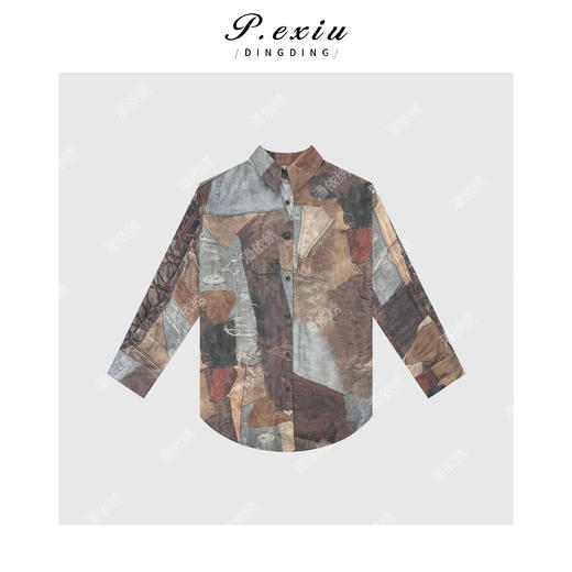 03-5潘依绣丁丁宠粉PanYiXiu/潘依绣艺术插画复古拼接休闲质感长袖衬衫 SH1613 商品图1