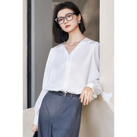 剩XL 米思阳2026春季新款通勤极简白衬衣V领宽松单排扣衬衫女5260