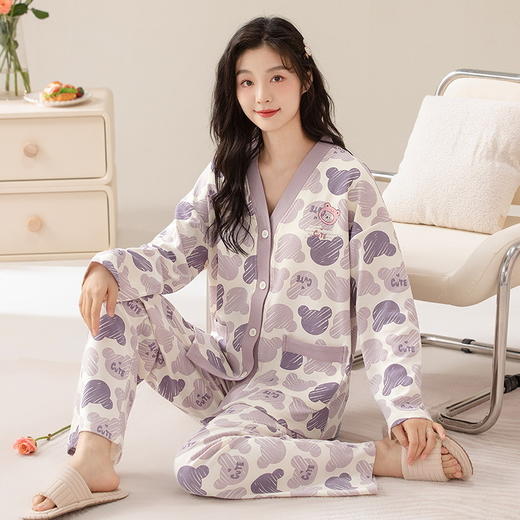 春秋季【开衫睡衣带胸垫】长袖长裤免穿文胸 优质棉家居服 V领和服睡衣  商品图13