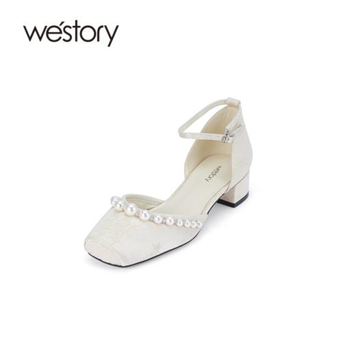westory夏季新款方根中跟珍珠饰扣方头搭扣包头后空鞋W24CH74341 商品图1