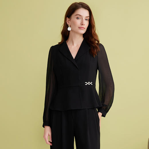 EITIE爱特爱气质正式感V领收腰网纱拼接显瘦黑色上衣2025春新款A2513519 商品图2