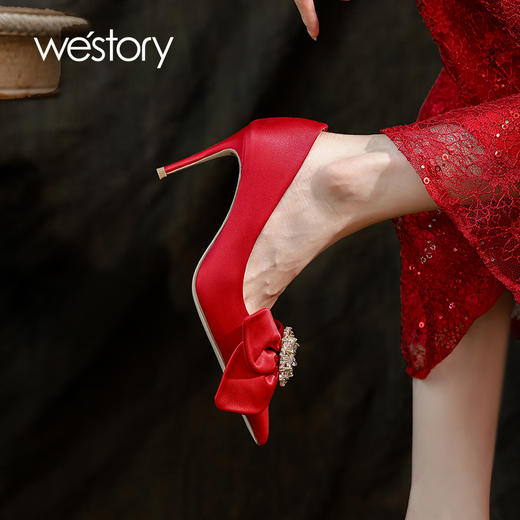 westory22年秋季商场同款新款尖头蝴蝶结细跟中式婚鞋单鞋女72391 商品图3