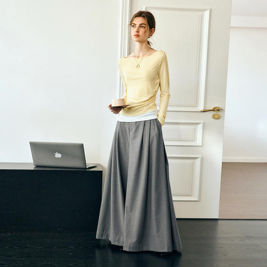 OLrain欧芮儿黄色法式T恤女春季2025新款假两件一字领温柔风上衣 商品图2