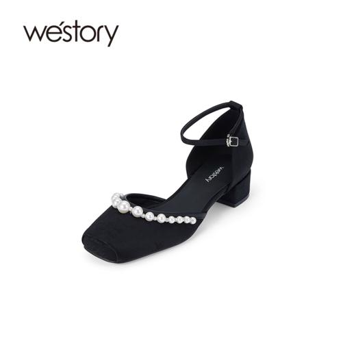westory夏季新款方根中跟珍珠饰扣方头搭扣包头后空鞋W24CH74341 商品图8