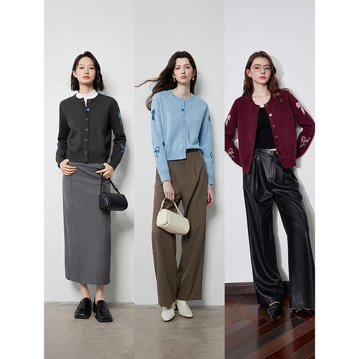 初语 秋冬蝴蝶结提花针织衫女圆领气质上衣毛开衫 商品图4