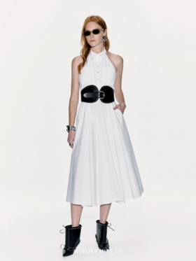 【夏日清晨】立体兰花裁片拼接挂脖露背大摆连衣裙