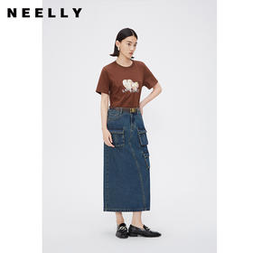 NEELLY纳俪商场同款春秋港风机能中长款半身裙女纯棉后开叉牛仔裙N24084E04649