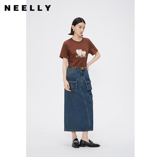 NEELLY纳俪商场同款春秋港风机能中长款半身裙女纯棉后开叉牛仔裙N24084E04649 商品图0