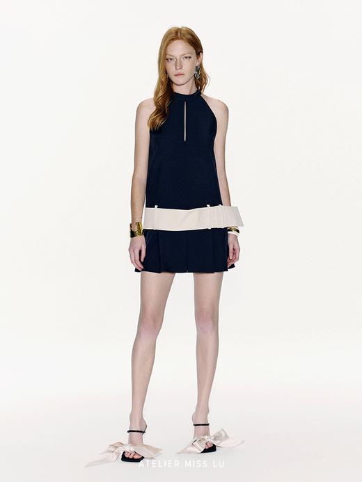 【蓝调浮现】蝴蝶结宽腰带A字百褶下摆连衣裙 商品图0