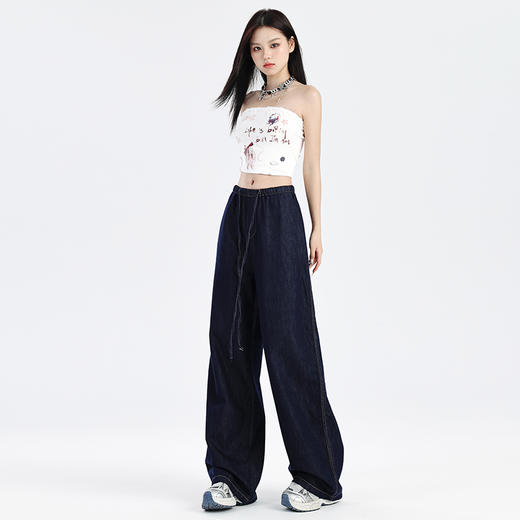 【莱赛尔棉】罗蒙春夏牛仔裤女士松紧腰抽绳牛仔裤宽松舒适休闲百搭阔腿裤女长裤 商品图5