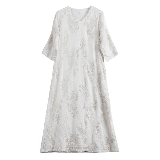 HM-S505春夏新款中式简约苎麻重工刺绣V领文艺七分袖淑女仙气A字连衣裙 商品图4