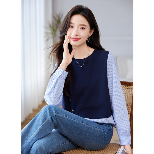 CC-QL-Y8552假两件拼接长袖衬衫女春秋2025新款衬衣时尚洋气卫衣条纹打底上衣 商品图1