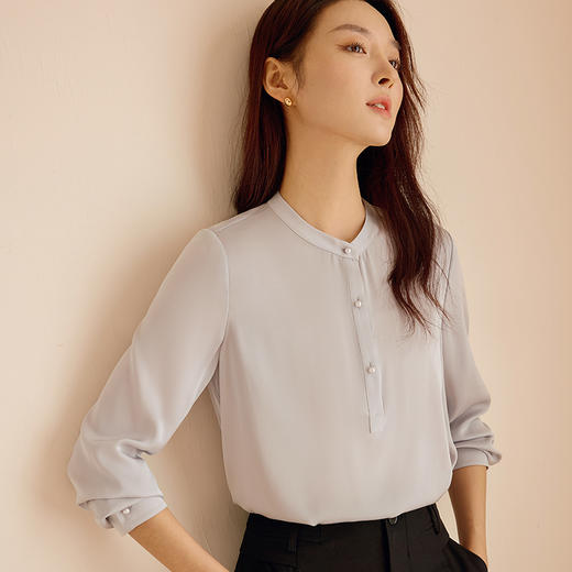 玳莎重磅真丝小立领衬衫女2025年春季新款百搭宽松通勤长袖上衣  FA31304 商品图0