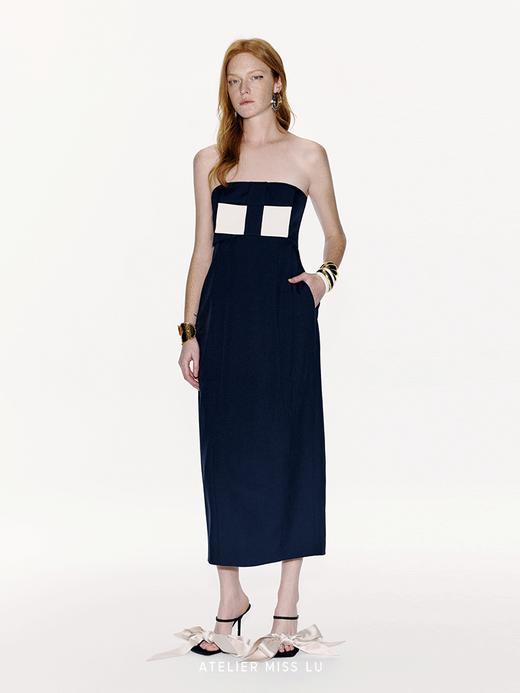 【深蓝水瓶】几何蝴蝶结撞色拼接收腰抹胸连衣裙 商品图3