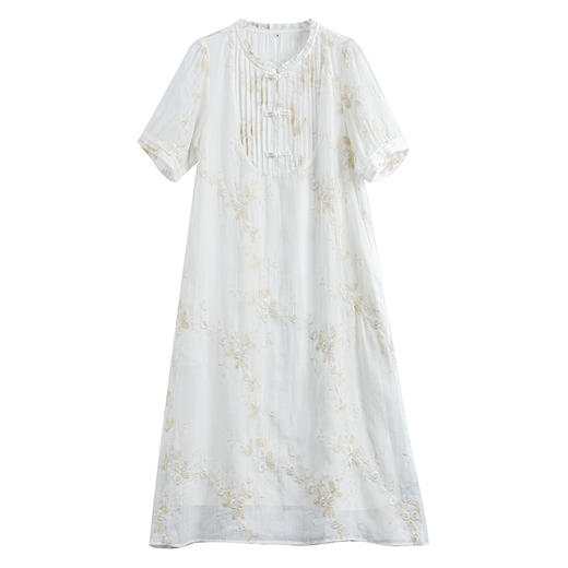 HM-S496新中式盘扣洋气改良连衣裙 春新款苎麻花朵刺绣A字长裙圆领木耳边 商品图4