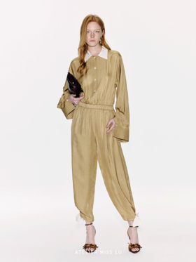 【里约书店】蝴蝶结撞色拼接弹力收腰醋酸连体裤