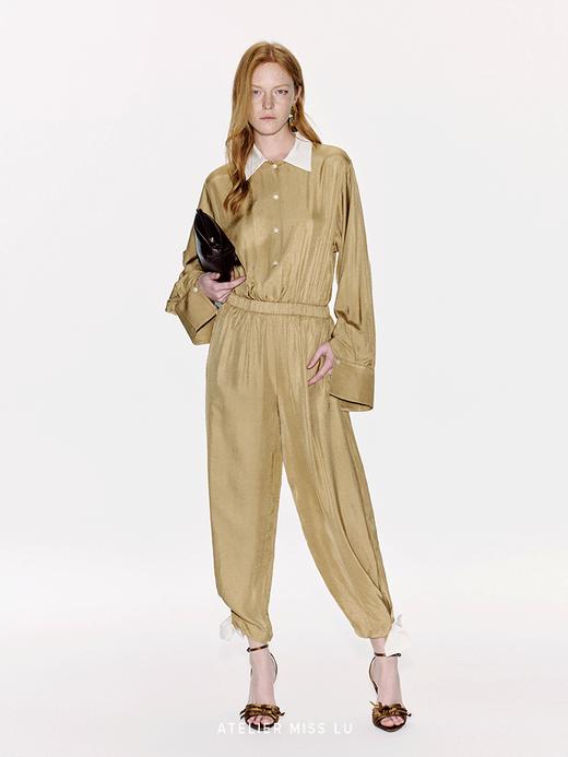 【里约书店】蝴蝶结撞色拼接弹力收腰醋酸连体裤 商品图0