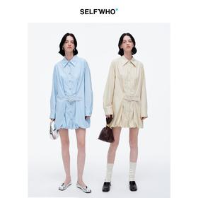 SELFWHO莱赛尔混纺纯色衬衫裙女2025春新款单排扣翻领花苞连衣裙