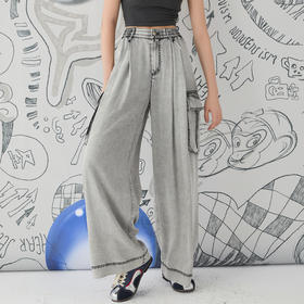 谜底阔腿裤牛仔裤女2025春季新品复古工装风大口袋长裤251MK0116